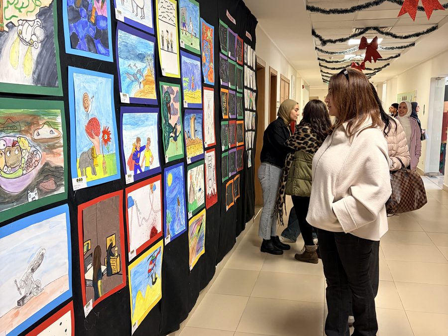 Student artwork on display along the corridor